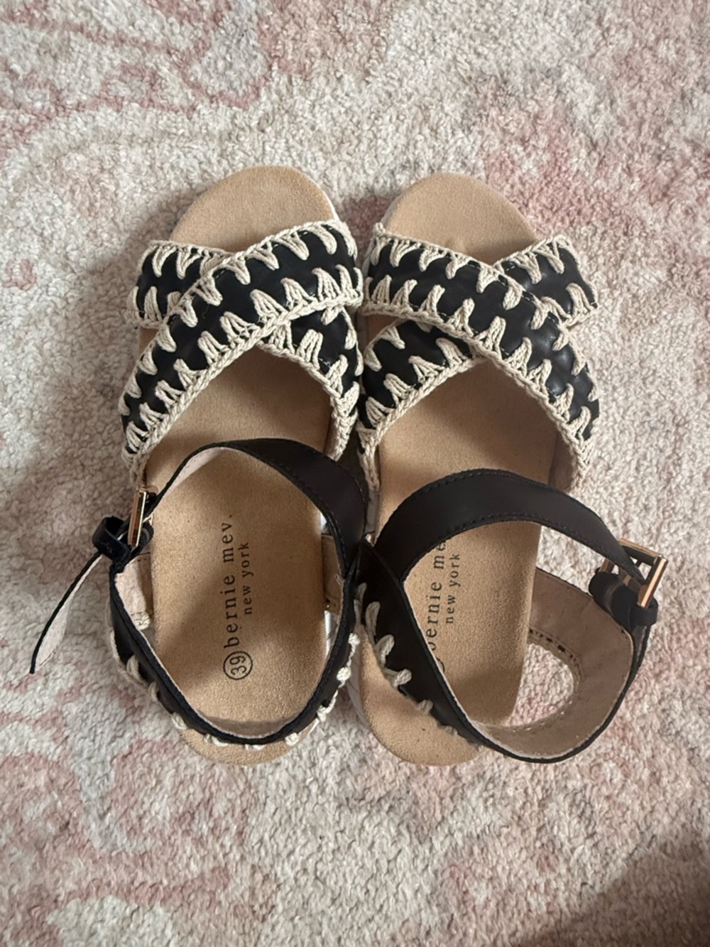 bernie mev. Black and Cream Crochet Strap Sandals
